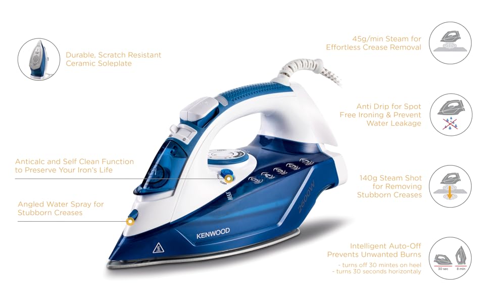 Kenwood STP70 2600W Ceramic Steam Iron – 350ml Tank, Anti-Calc, Self-Cleaning