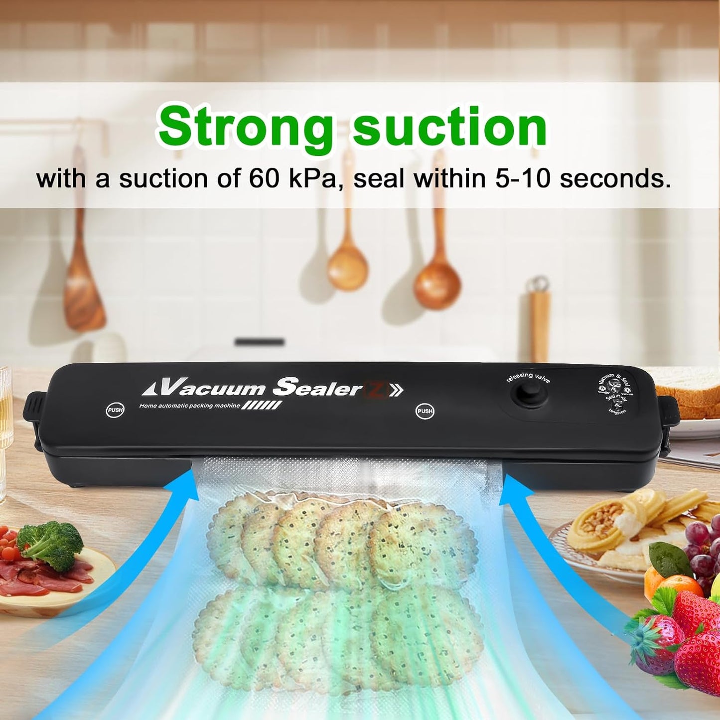 Automatic Vacuum Sealer Machine – 1200W Food Saver with Wet/Dry Modes, Compact Space-Saving Design, 10 Sealer Bags Included  | Plastic Body