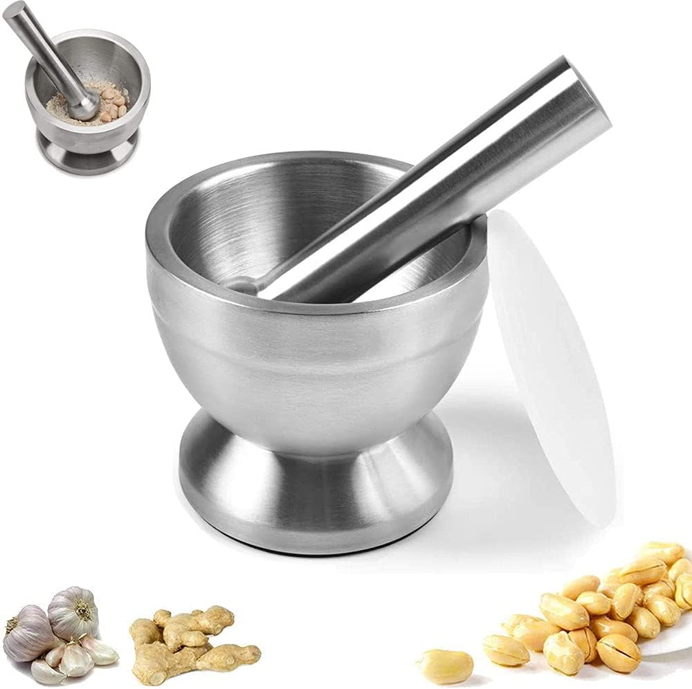Stainless Steel Mortar and Pestle Set | Spice Powder Grinder & Pill Crusher with Silicone Lid – 304 Food Grade