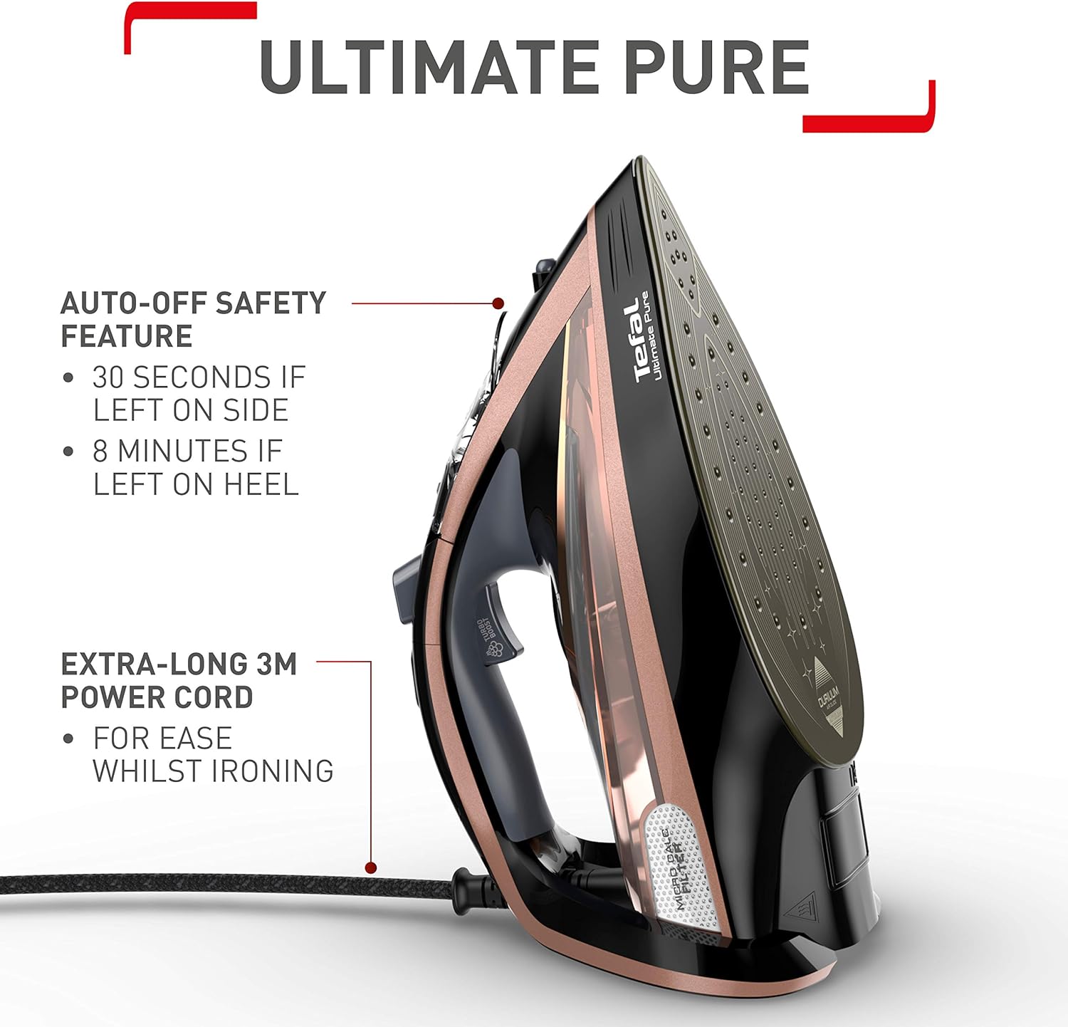 TEFAL Ultimate Pure Steam Iron – 3100W, 260g/min Boost, Anti-Calc, Non-Stick Soleplate, Black & Rose Gold