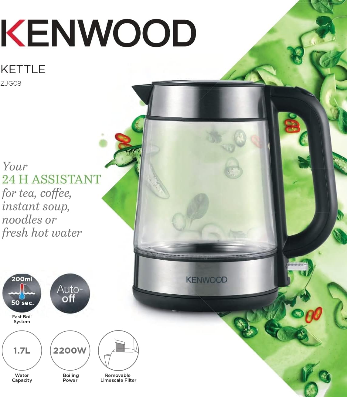 Kenwood 1.7L Glass Kettle, ZJG08.000CL– 2200W Lightning Boil with Auto Shut-Off