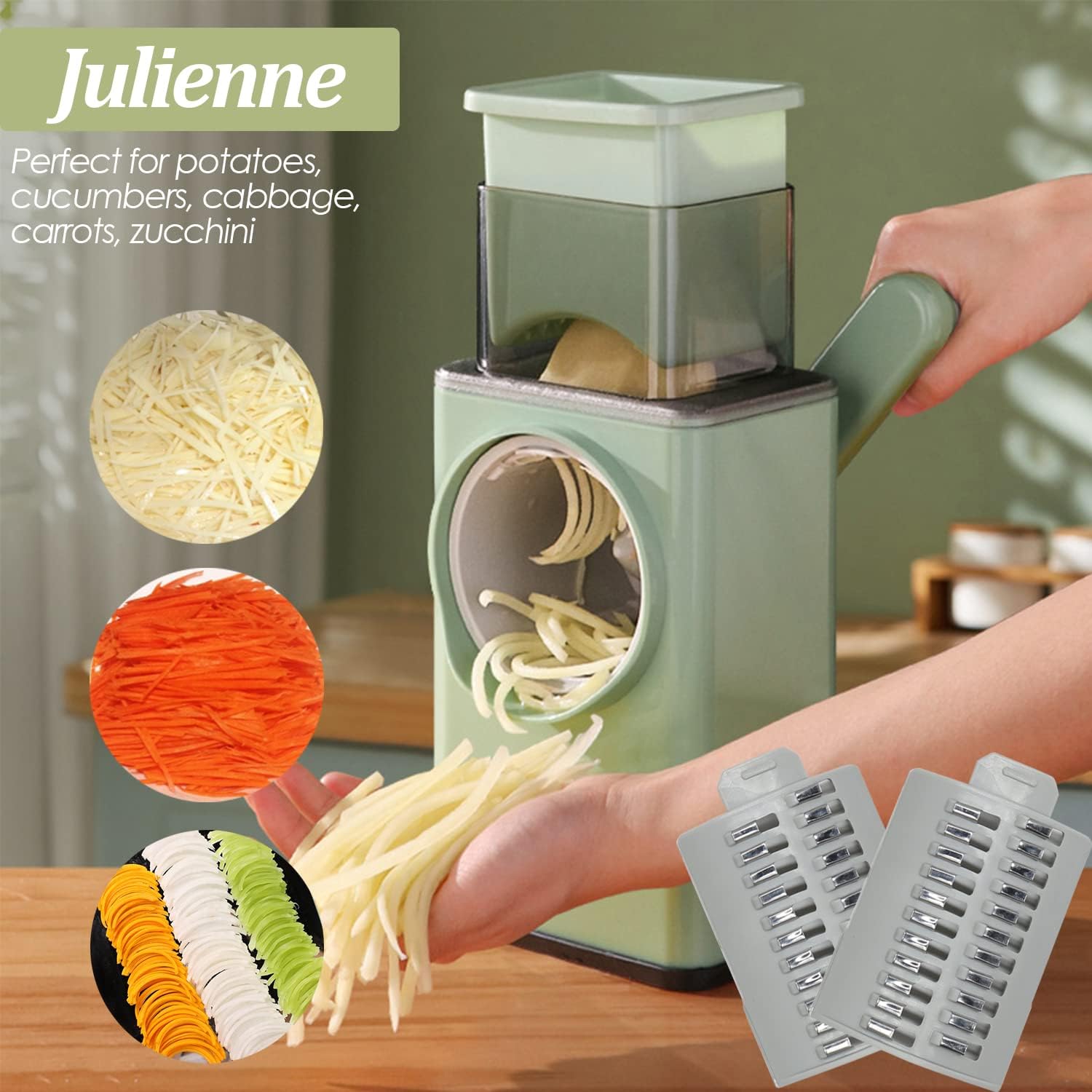 3-in-1 Cheese Shredder with Handle – Vegetable Cutter & Spiralizer with Interchangeable Blades