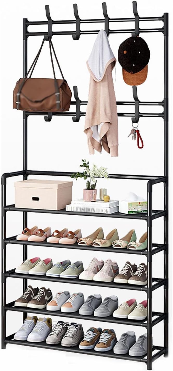 Freestanding Metal Clothes Hanger with Shoe Rack – Multi-Layer Organizer for Bedroom, Entrance, or Living Room (Waterproof Layer, Heavy-Duty Design)