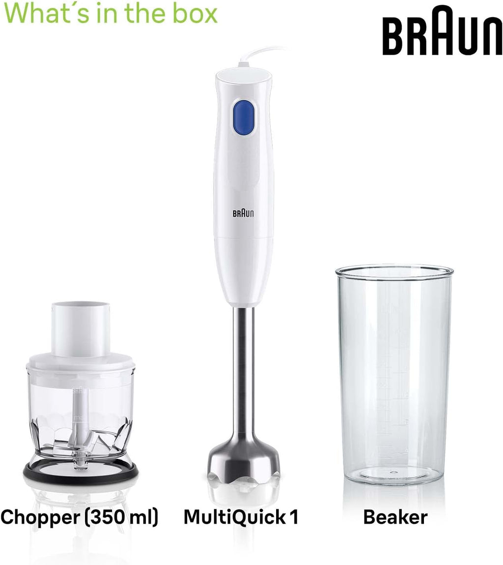Braun MultiQuick 1 Hand Mixer – 450W Power, Easy-Twist Tech, 350ml Chopper & 600ml Beaker (White/Blue)