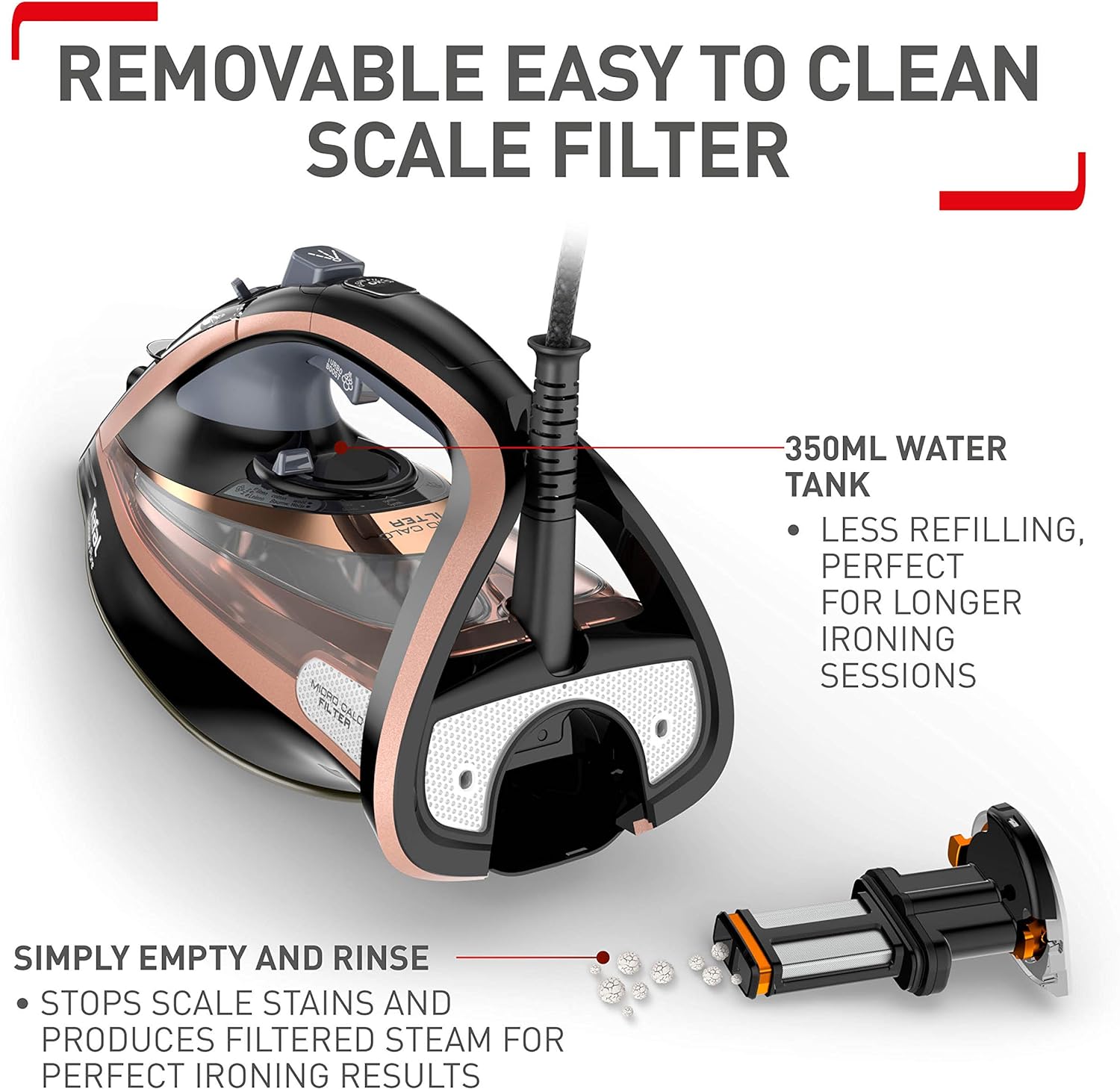 TEFAL Ultimate Pure Steam Iron – 3100W, 260g/min Boost, Anti-Calc, Non-Stick Soleplate, Black & Rose Gold