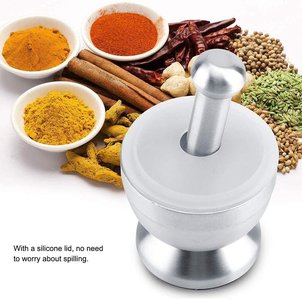 Stainless Steel Mortar and Pestle Set | Spice Powder Grinder & Pill Crusher with Silicone Lid – 304 Food Grade