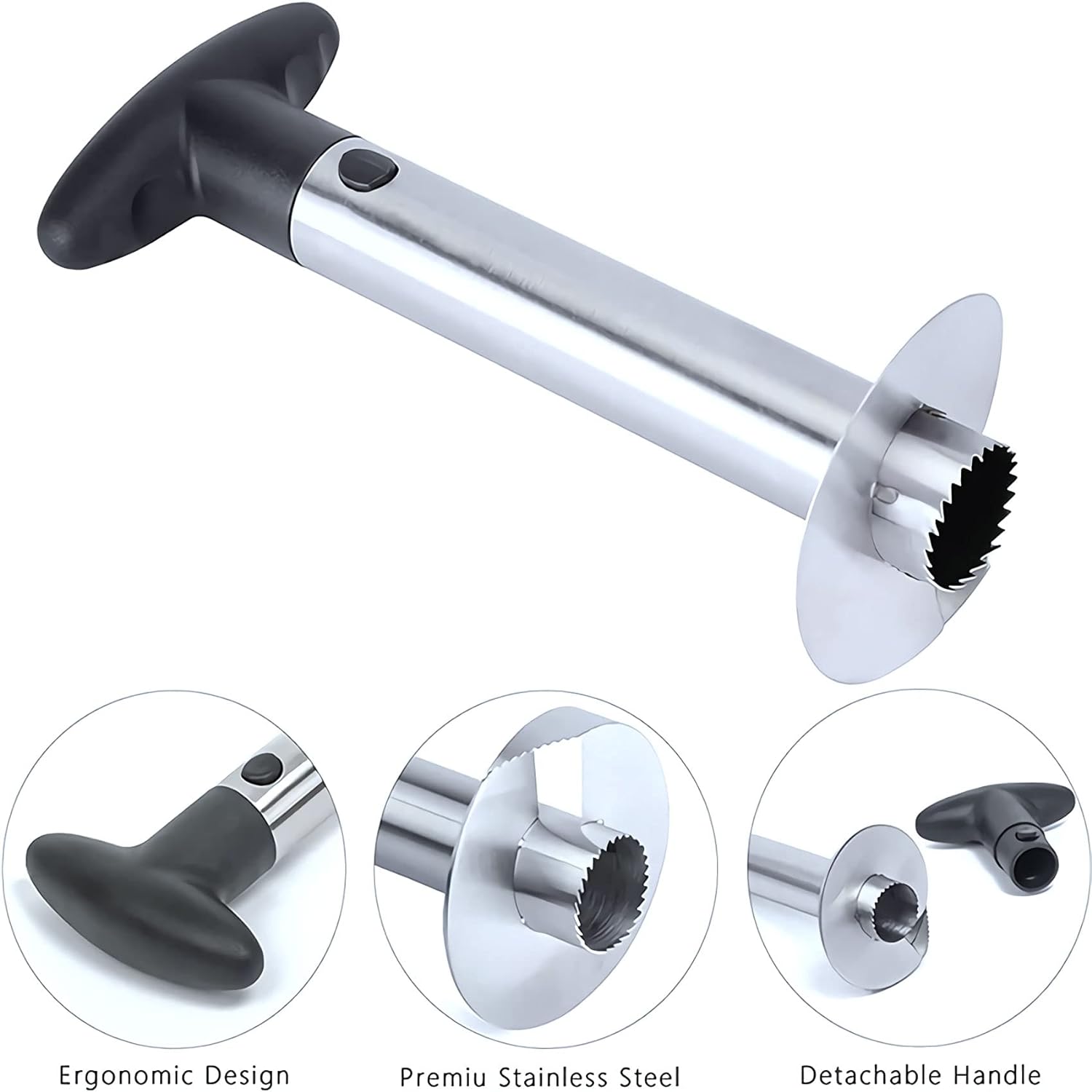 Stainless Steel Pineapple Corer Cutter Peeler – 3-in-1 Spiral Slicer with Ergonomic Handle & Safe Sharp Blade (Silver)