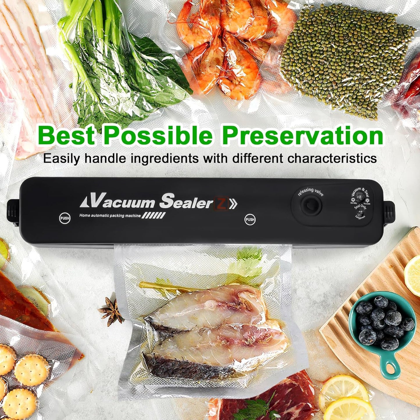 Automatic Vacuum Sealer Machine – 1200W Food Saver with Wet/Dry Modes, Compact Space-Saving Design, 10 Sealer Bags Included  | Plastic Body
