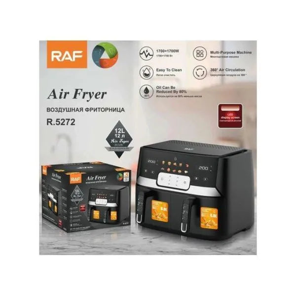 RAF Dual Basket Air Fryer 12L – 1700W x2 Power with LED Digital Display, SYNC Cooking, & 360° Air Circulation