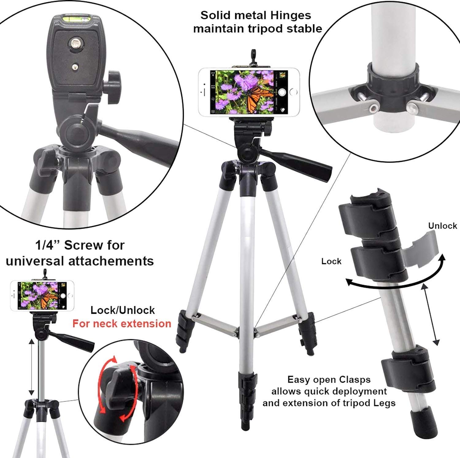 Portable Mini Adjustable Aluminum Tripod Stand with Remote & Phone Clip (Up to 105cm)