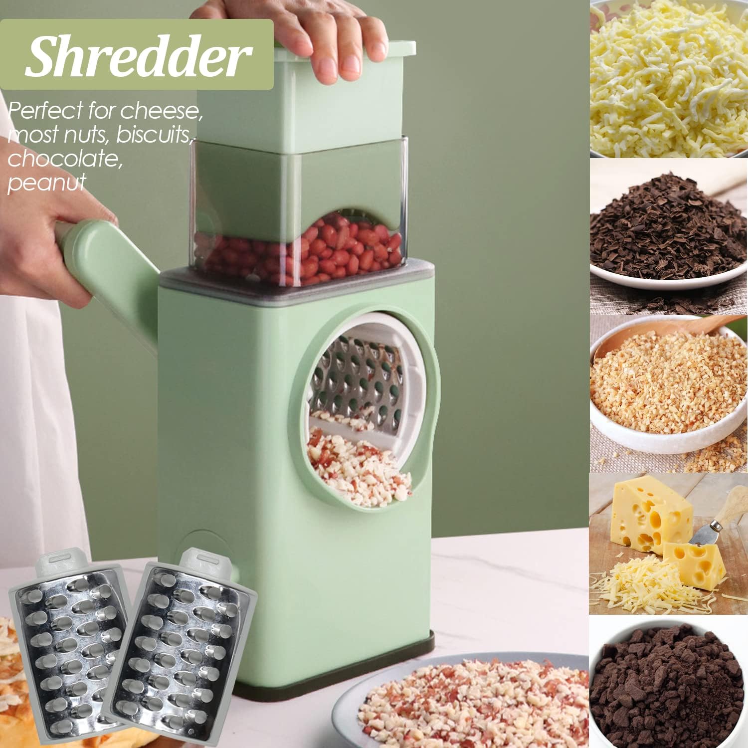 3-in-1 Cheese Shredder with Handle – Vegetable Cutter & Spiralizer with Interchangeable Blades