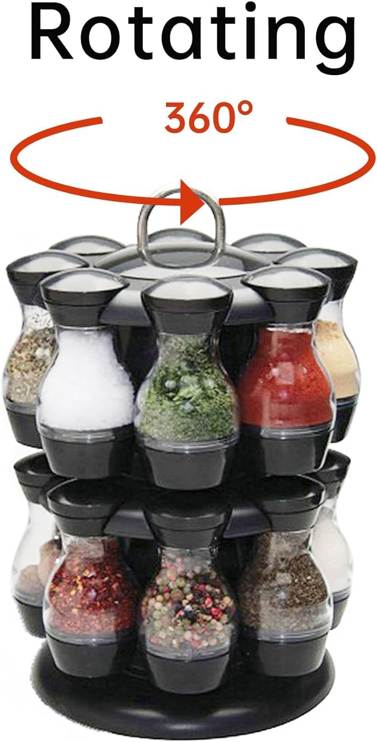 Rotatable 16-Tank Sitting Spice Rack – Space-Saving Kitchen Organizer with Glass Jars | Portable & Modern Countertop Spice Holder