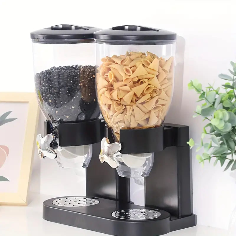 Double Cereal Dispenser – Dual-Container Dry Food Storage with Rotary Handles & Airtight Lids (Black and White, Acrylic)