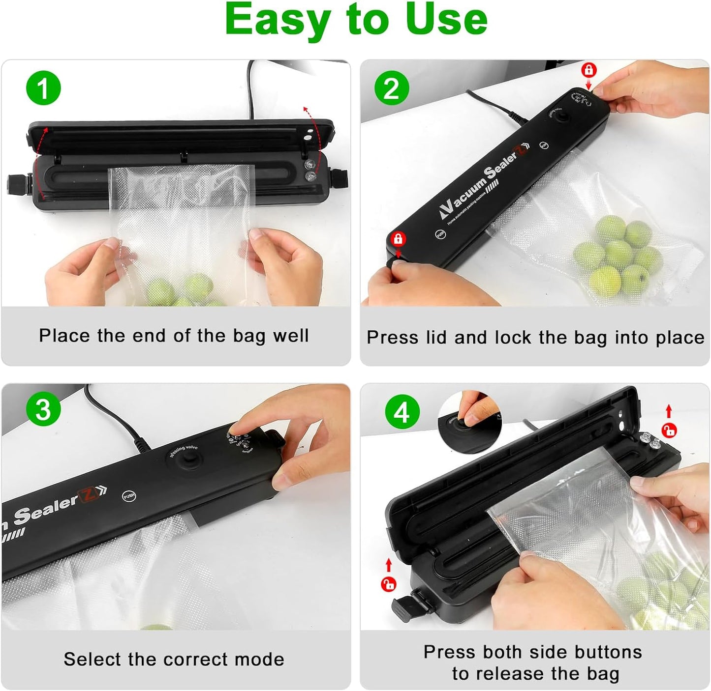 Automatic Vacuum Sealer Machine – 1200W Food Saver with Wet/Dry Modes, Compact Space-Saving Design, 10 Sealer Bags Included  | Plastic Body