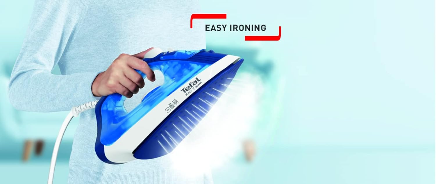 TEFAL Easy Steam Iron, FV1941M0 – 1200W, 100g/min Boost, Vertical Steaming, Anti-Scale, Non-Stick Soleplate, Blue/White