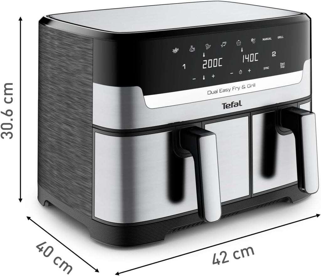 Tefal EY905D40 Dual Easy Fry & Grill – 8.3L XL Air Fryer with Dual Drawers & 8 Presets (Black/Silver)