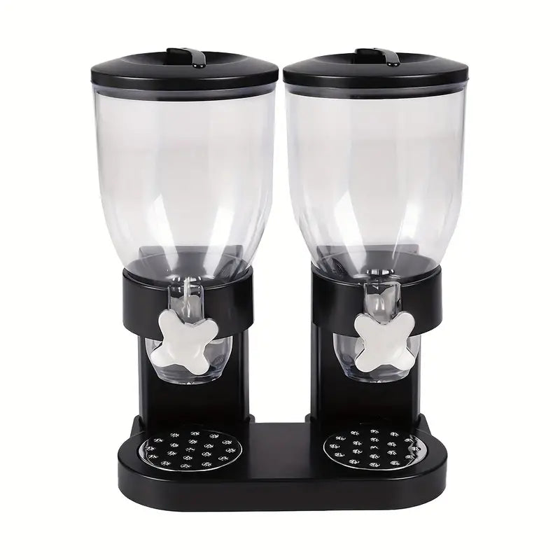 Double Cereal Dispenser – Dual-Container Dry Food Storage with Rotary Handles & Airtight Lids (Black and White, Acrylic)