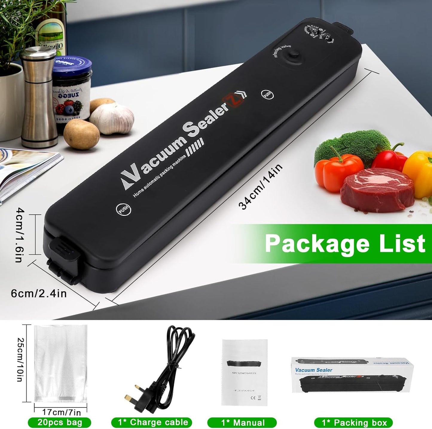 Automatic Vacuum Sealer Machine – 1200W Food Saver with Wet/Dry Modes, Compact Space-Saving Design, 10 Sealer Bags Included  | Plastic Body