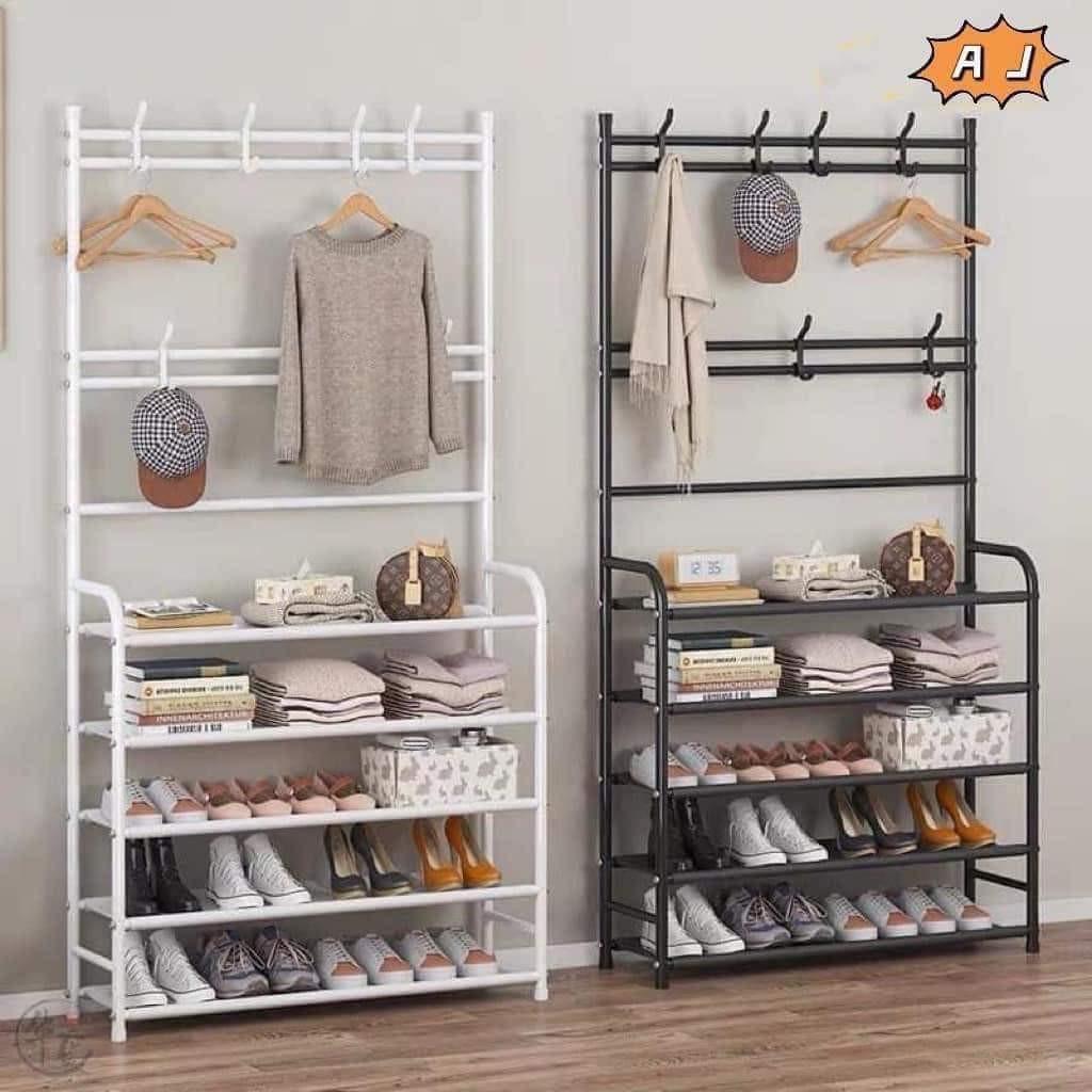 Freestanding Metal Clothes Hanger with Shoe Rack – Multi-Layer Organizer for Bedroom, Entrance, or Living Room (Waterproof Layer, Heavy-Duty Design)