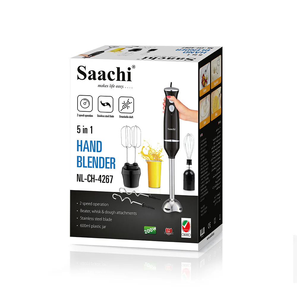 Saachi 5-in-1 Hand Blender – 200W Portable Handheld Blender with Whisk Attachment, 2-Speed Control & Juice Container – Black/Clear