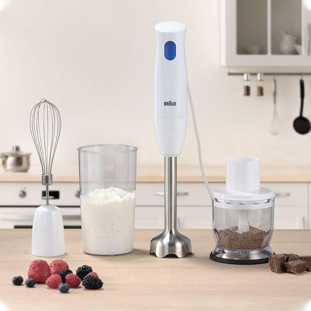 Braun MultiQuick 1 MQ10.202M Hand Blender – 450W Power, 3-in-1 System with Whisk & Chopper (White/Blue)