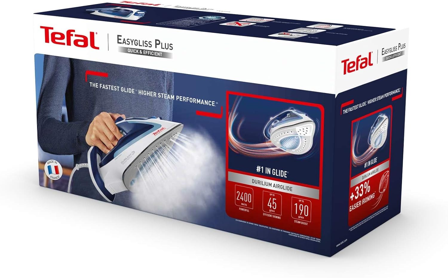 TEFAL Easy Gliss Steam Iron, FV5715M0 – 2400W, Durilium Soleplate, 270ml Tank, Anti-Drip, Auto Shut-Off, Made in France
