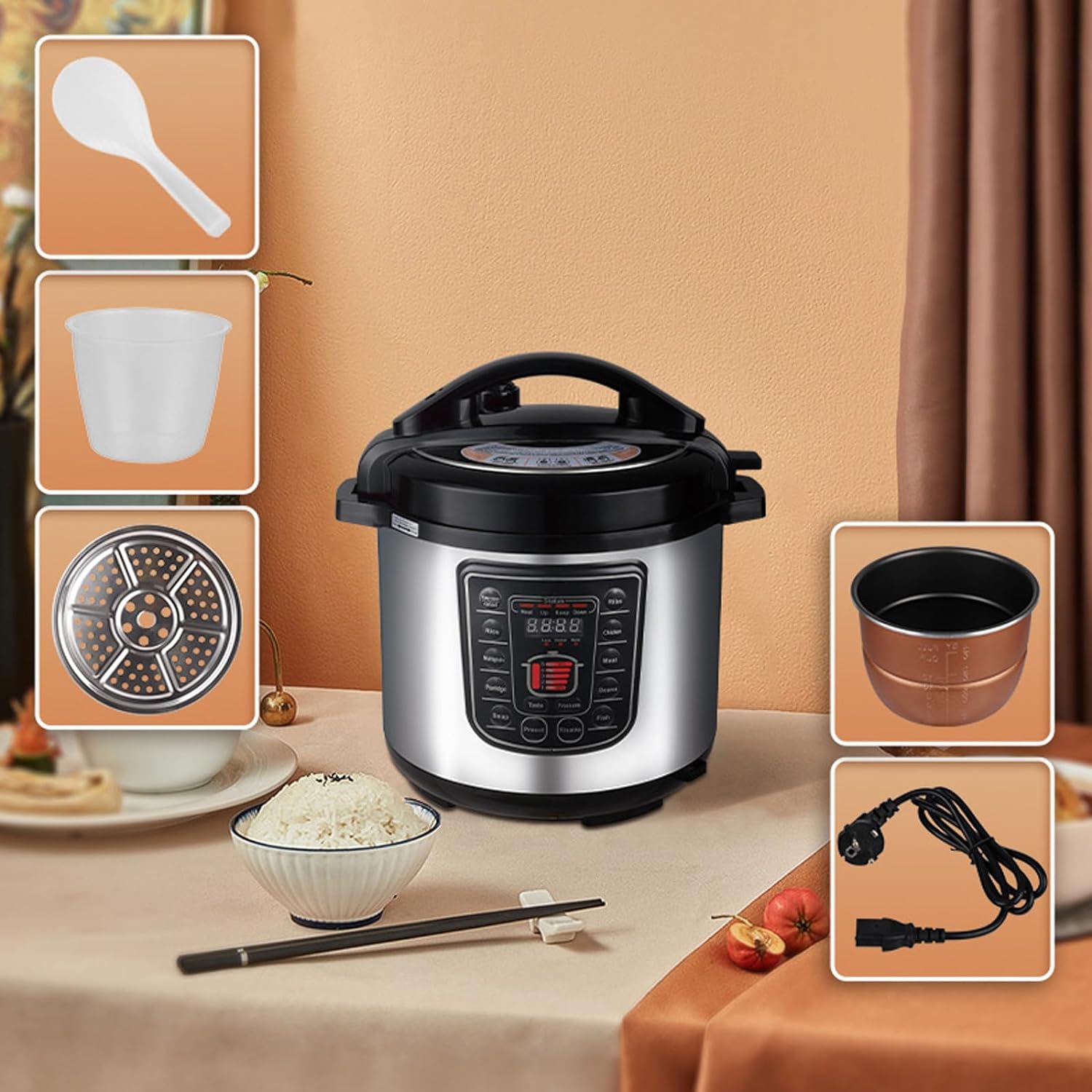 6L Rice Cooker with Multi-Cooking Selections – Large Electric Pressure Cooker with Auto Shut-Off, Non-Stick Inner Pot & Steamer (For 5–8 People)