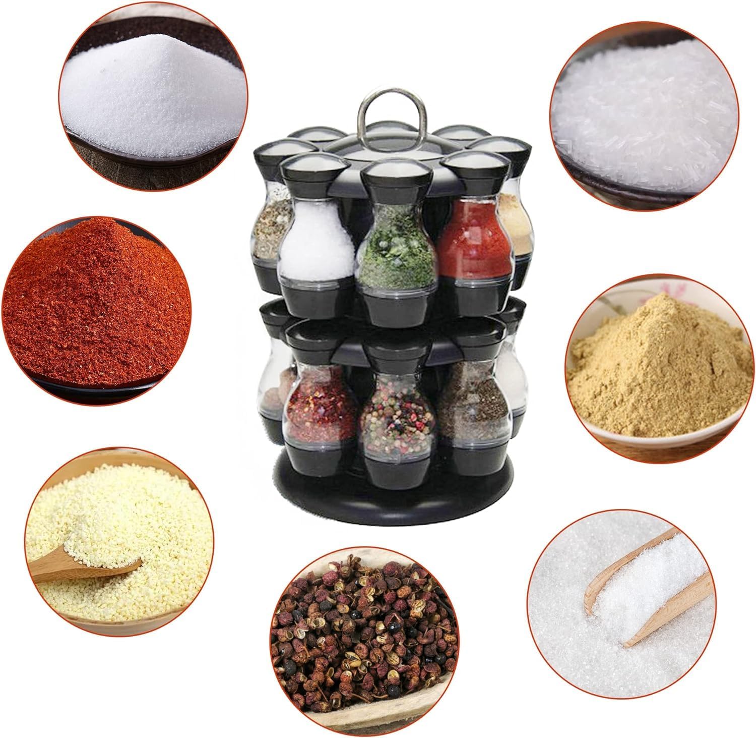 Rotatable 16-Tank Sitting Spice Rack – Space-Saving Kitchen Organizer with Glass Jars | Portable & Modern Countertop Spice Holder