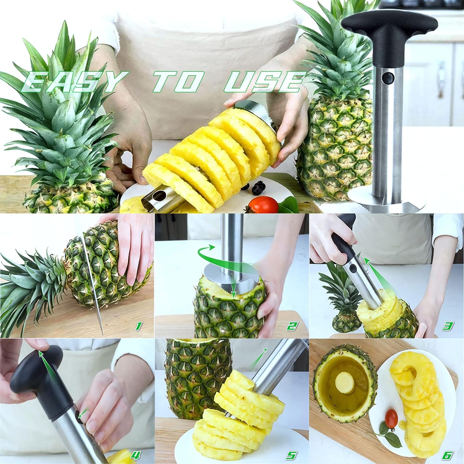 Stainless Steel Pineapple Corer Cutter Peeler – 3-in-1 Spiral Slicer with Ergonomic Handle & Safe Sharp Blade (Silver)
