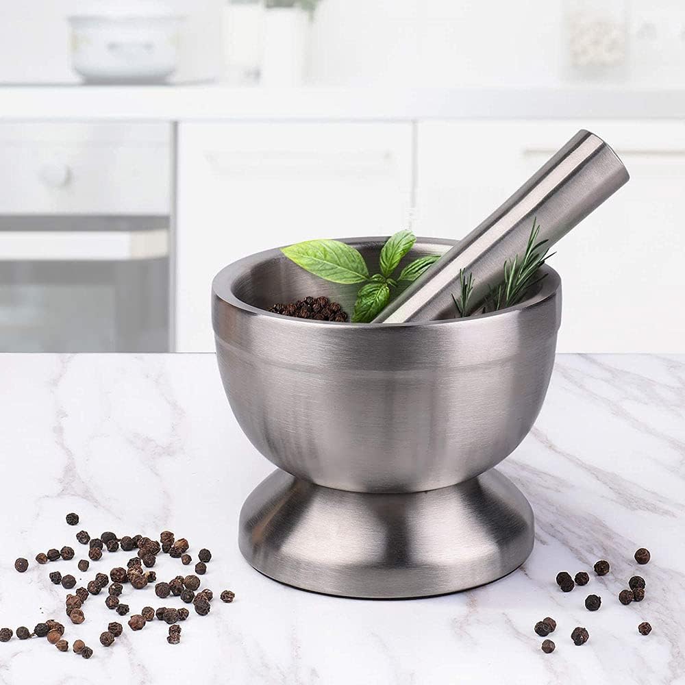 Stainless Steel Mortar and Pestle Set | Spice Powder Grinder & Pill Crusher with Silicone Lid – 304 Food Grade