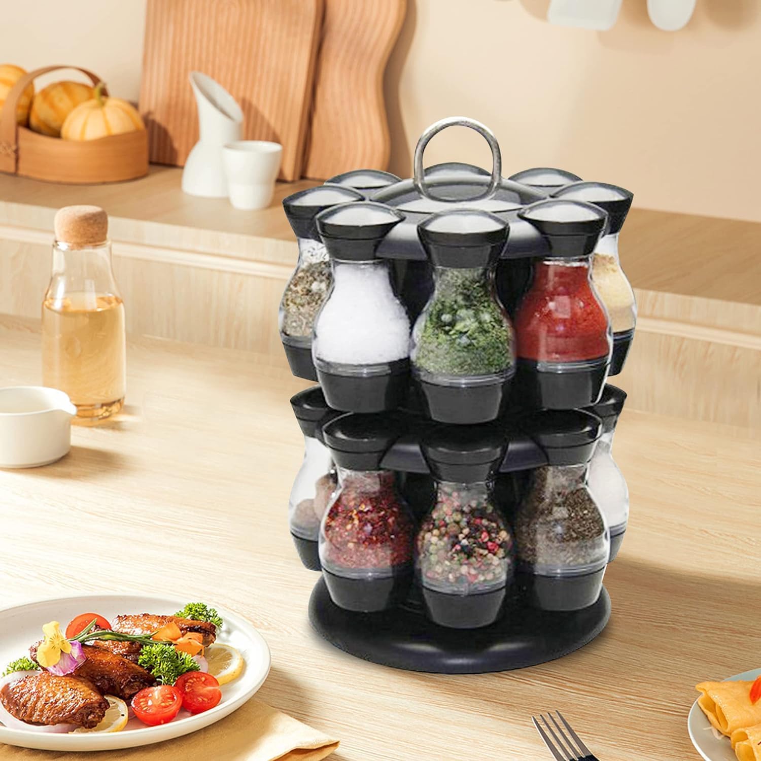 Rotatable 16-Tank Sitting Spice Rack – Space-Saving Kitchen Organizer with Glass Jars | Portable & Modern Countertop Spice Holder