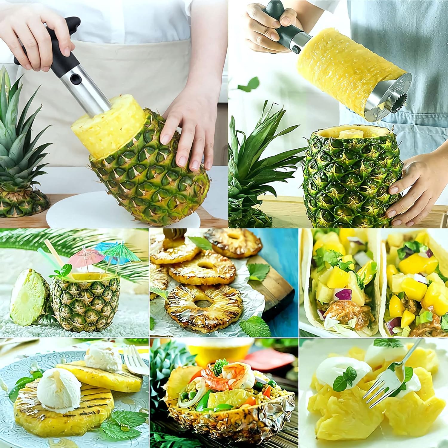 Stainless Steel Pineapple Corer Cutter Peeler – 3-in-1 Spiral Slicer with Ergonomic Handle & Safe Sharp Blade (Silver)
