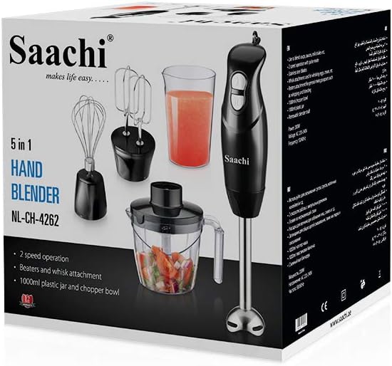 Saachi 5-in-1 Hand Blender – 200W Portable Handheld Blender with Whisk Attachment, 2-Speed Control & Juice Container – Black/Clear