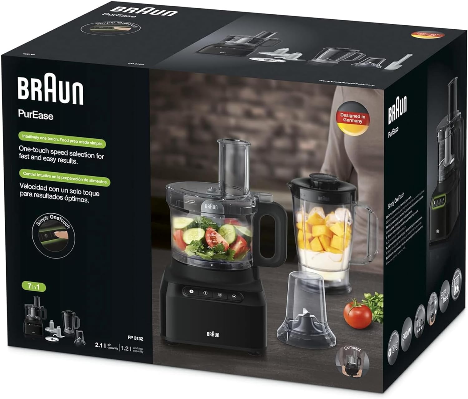 Braun FP3132BK 800W Food Processor – 2.1L Bowl & 1.2L Blender (Black)
