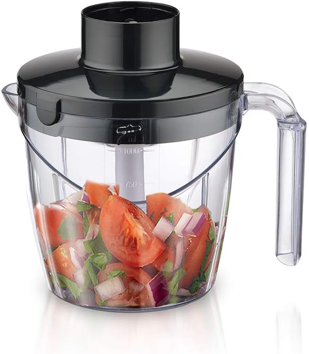 Saachi 5-in-1 Hand Blender – 200W Portable Handheld Blender with Whisk Attachment, 2-Speed Control & Juice Container – Black/Clear