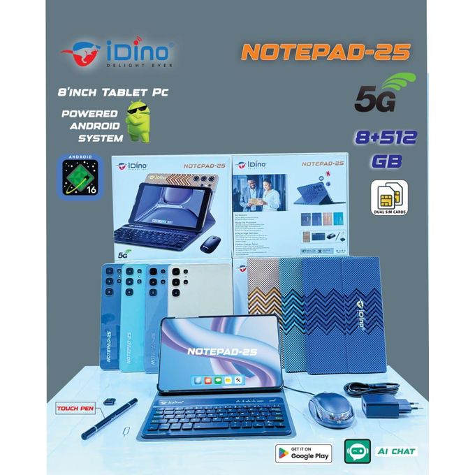 iDino NotePad-25 Tablet | 8" HD Android 12 with Keyboard, Mouse & Stylus
