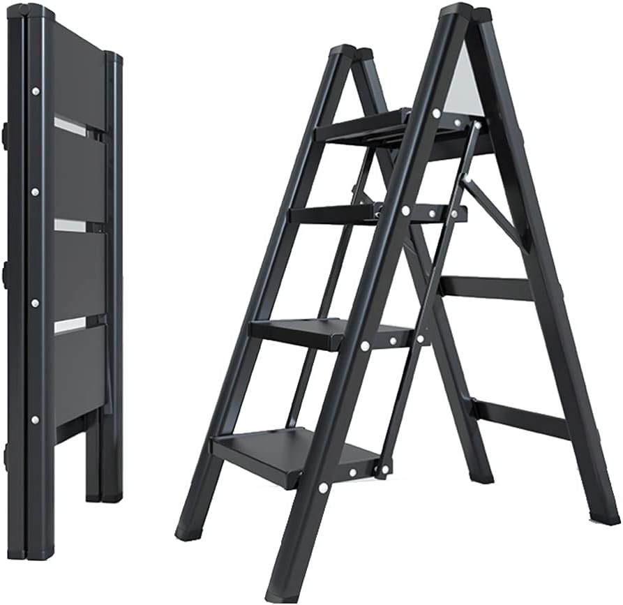 FoldEase Herringbone Step Ladder | Household Aluminum Alloy 4 TIER  Folding Ladder, 150kg Capacity