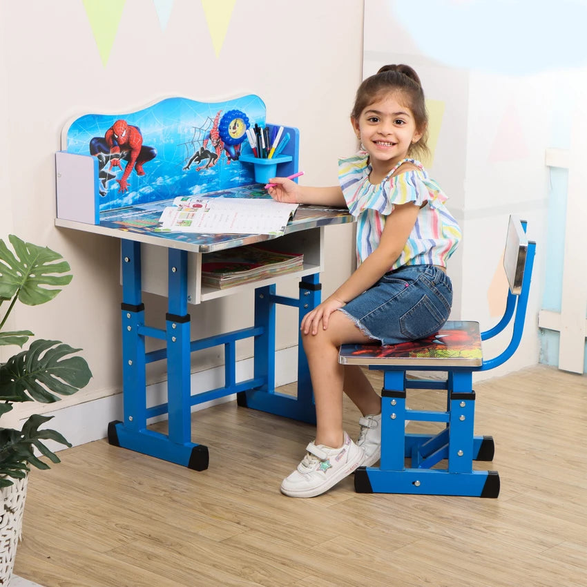 Kid's Prince's Style Study Table and Chair Set | 4-Level Height Adjustable Desk for Kids 3-10 Years | Reading & Computer Table with Laminated Graphics, Sturdy Design