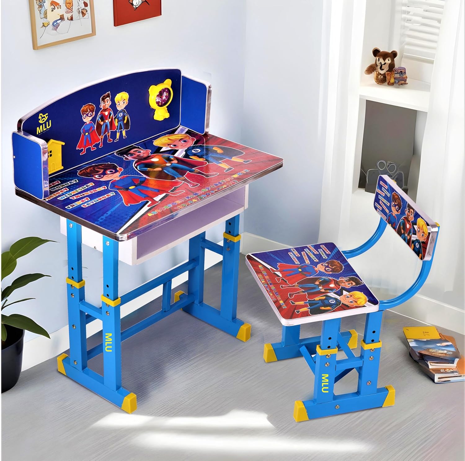 Kids Study Table and Chair Set | Height Adjustable Children's Desk  with Storage Shelf | Kids Functional Table for Homework & Crafts
