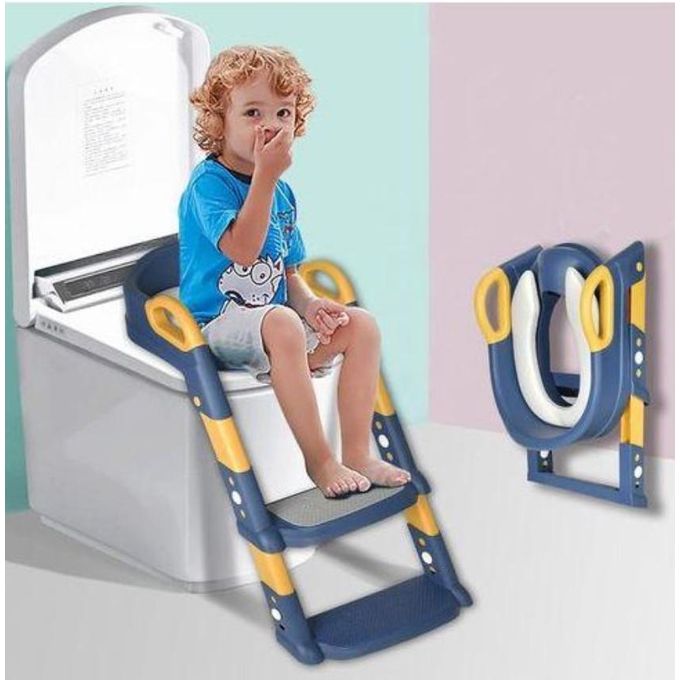 Potty Training Seat with Ladder & Backrest | Adjustable Height, Folding Kids Toilet for Boys & Girls | 75kg Load Capacity, 1-10 Years (Dark Blue)