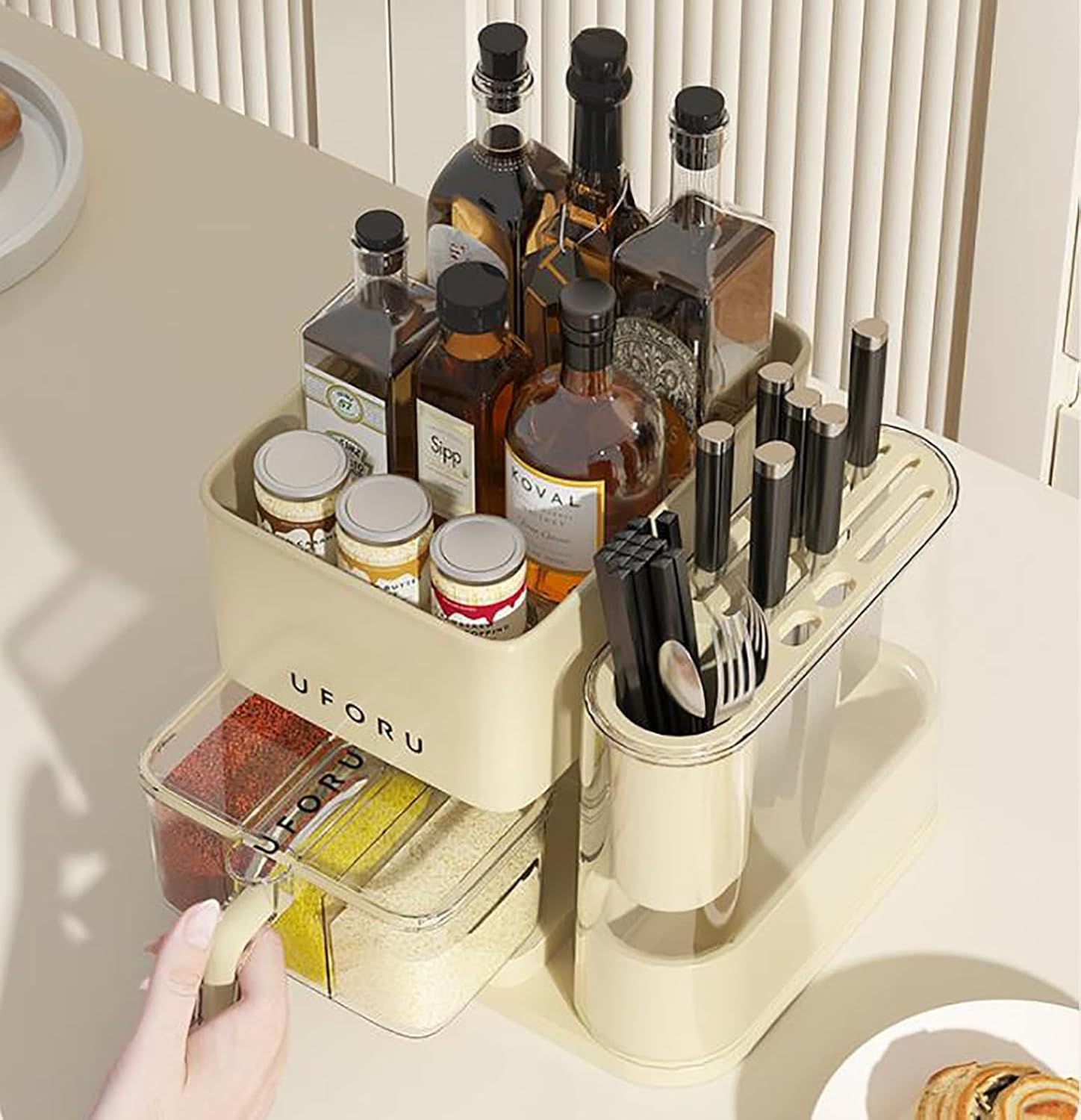 UFORU 3-in-1 Kitchen Storage Rack – Multifunctional Spice, Utensil & Knife Organizer