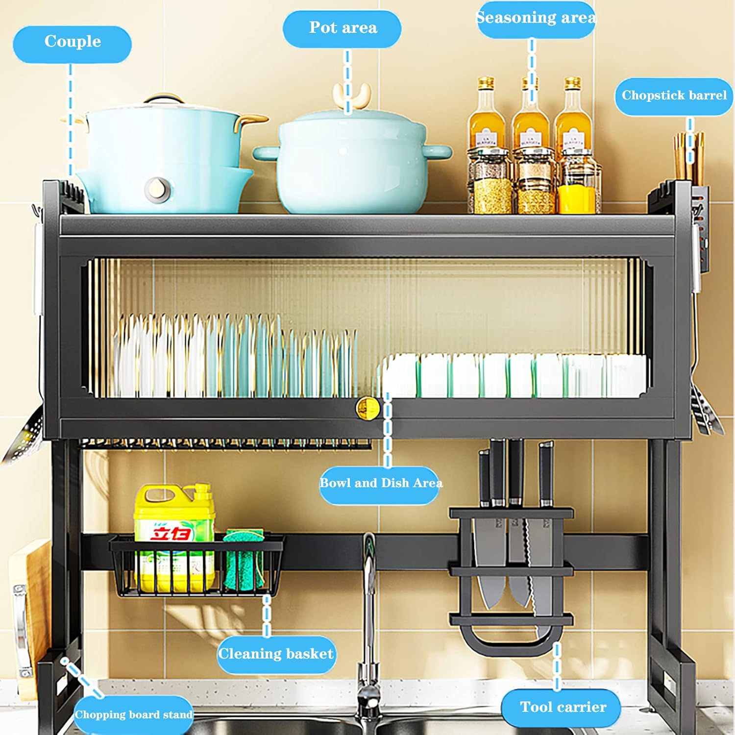Over Sink Dish Rack – 3 Tier Dustproof Cabinet, Large Capacity, Rust-Resistant Storage