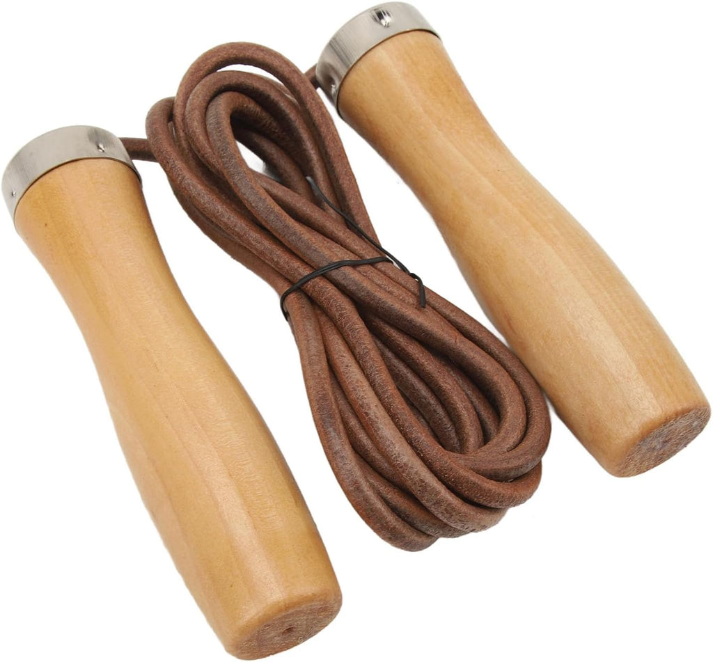Leather Skipping Rope – Cowhide Rope, Wooden Handles, Lightweight & Portable, Adjustable Length, Fitness & Aerobic Workout
