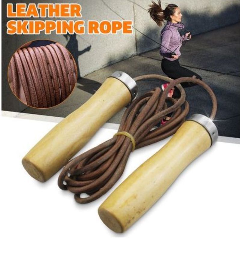 Leather Skipping Rope – Cowhide Rope, Wooden Handles, Lightweight & Portable, Adjustable Length, Fitness & Aerobic Workout