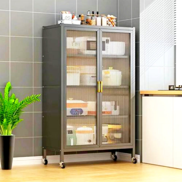 Double Door Kitchen Storage Rack – Multi-Layer Floor Standing Cabinet for Pots & Appliances