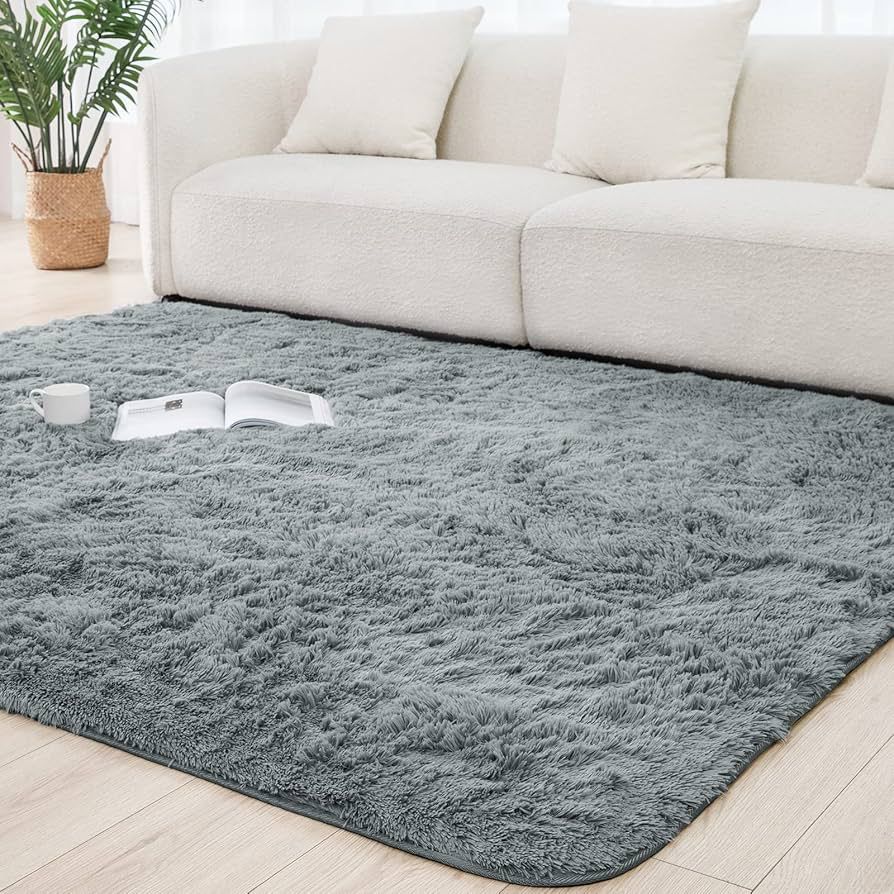 Large Fluffy Carpet 2x2.5m - Gray & Navy Blue Plush Shaggy Rug for Living Room Bedroom, Super Soft Floor Mat