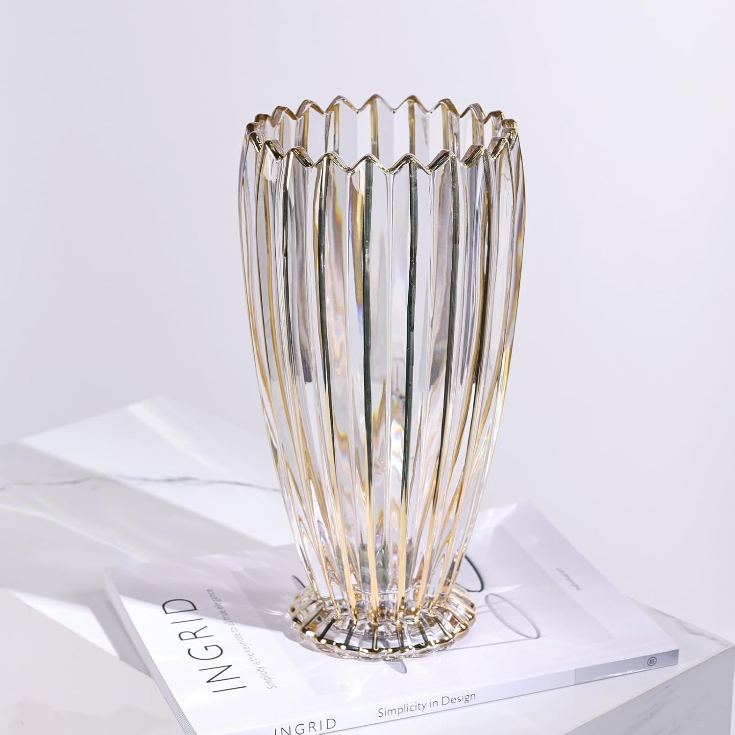DrivShade Luxury Crystal Glass Vase – Hand Blown Gold Accent Centerpiece | Modern Art Decor for Wedding, Home & Office