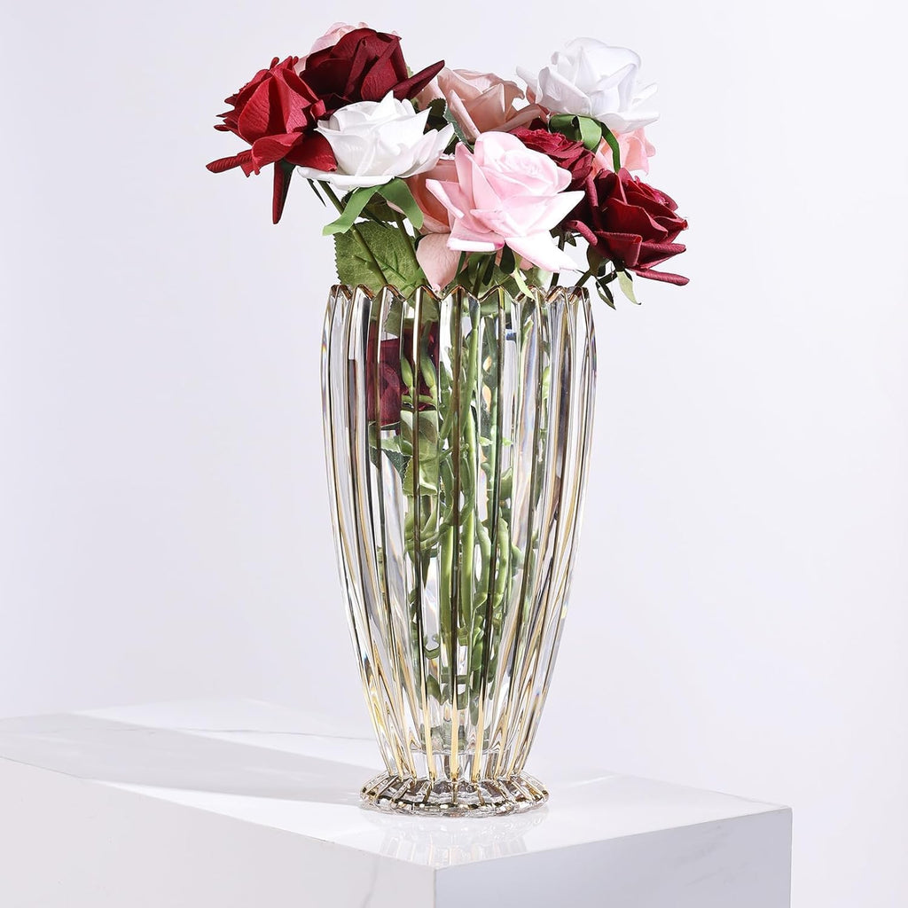 DrivShade Luxury Crystal Glass Vase – Hand Blown Gold Accent Centerpiece | Modern Art Decor for Wedding, Home & Office