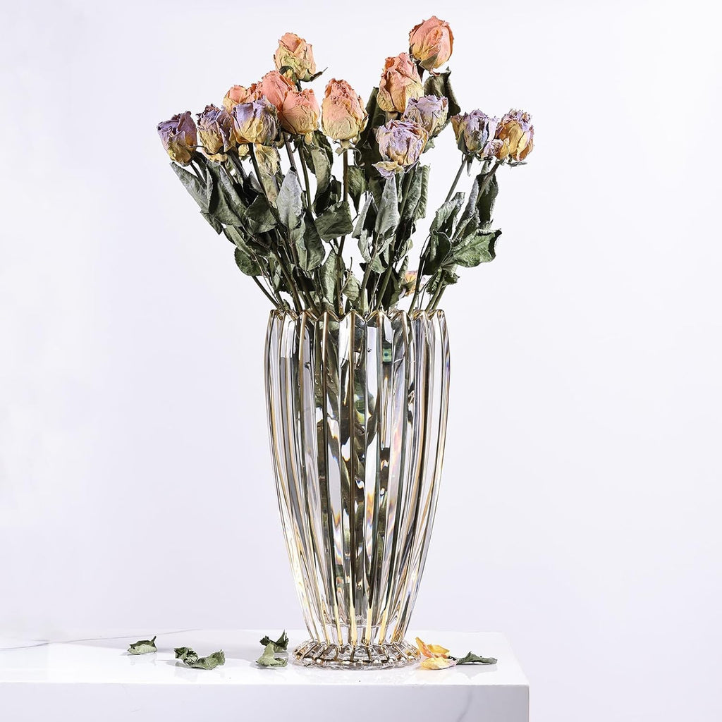 DrivShade Luxury Crystal Glass Vase – Hand Blown Gold Accent Centerpiece | Modern Art Decor for Wedding, Home & Office
