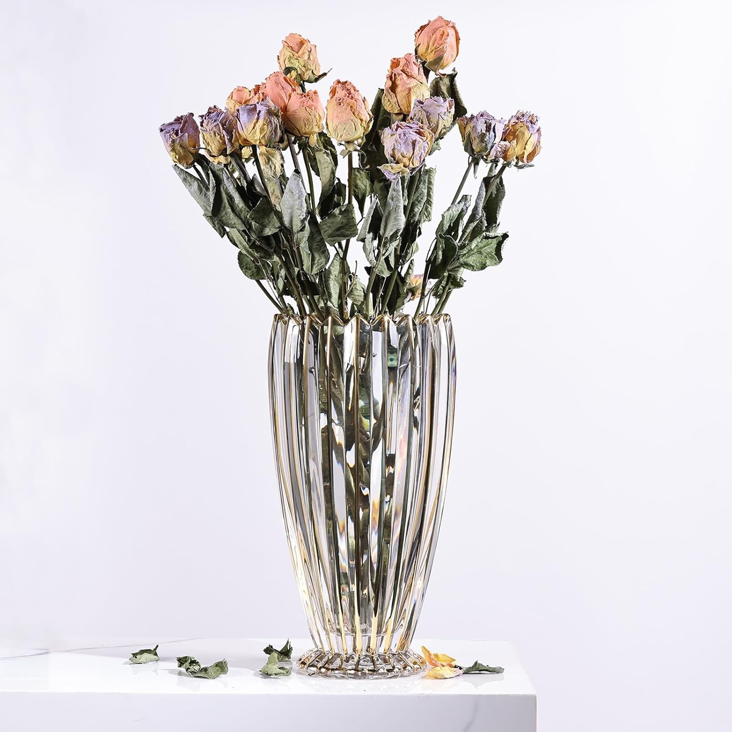 DrivShade Luxury Crystal Glass Vase – Hand Blown Gold Accent Centerpiece | Modern Art Decor for Wedding, Home & Office